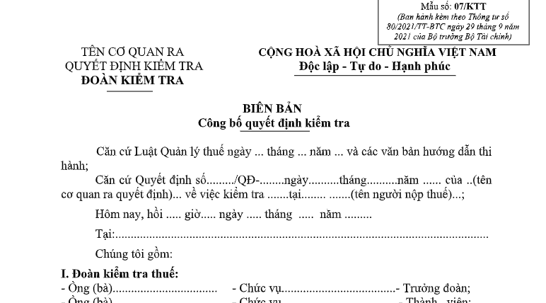 Mẫu Biên bản công bố quyết định kiểm tra thuế Doanh nghiệp 2026