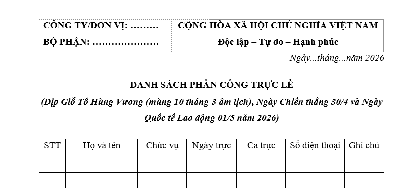 Mẫu Danh sách trực lễ Giỗ tổ Hùng Vương và lễ 30/4 - 1/5 năm 2026