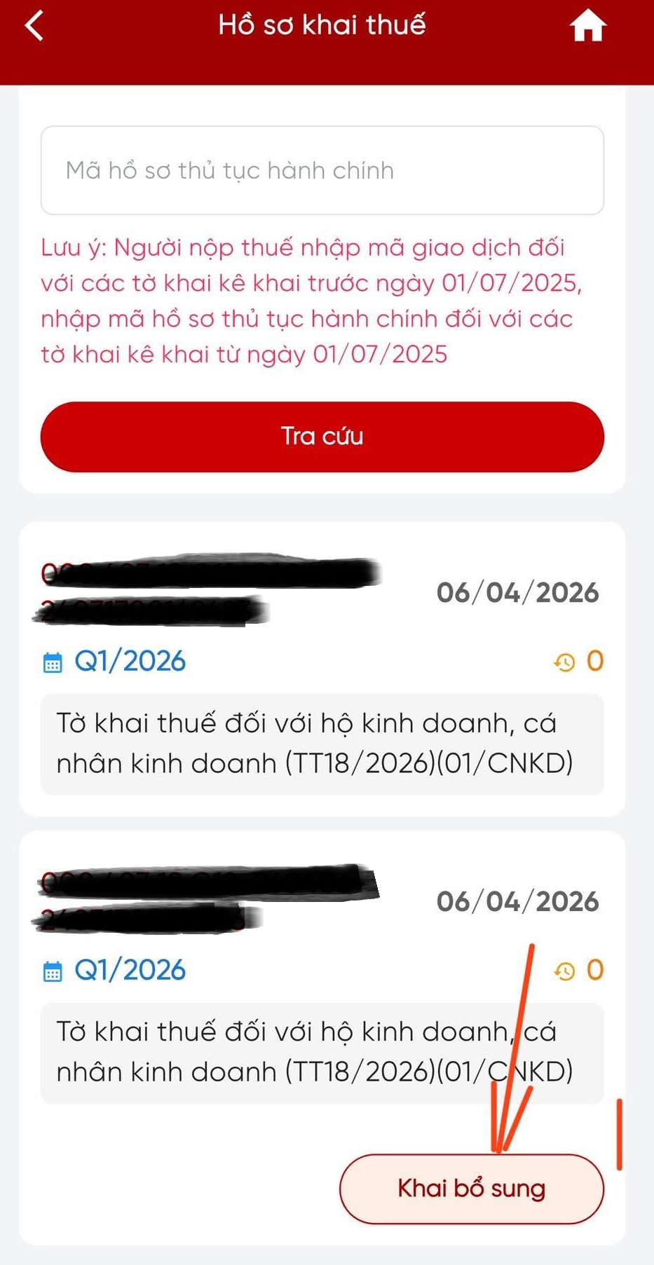 Hướng dẫn Hộ kinh doanh khai thuế bổ sung Quý 1/2026 trên Etax Mobile do khai sai, khai thiếu chi tiêt?