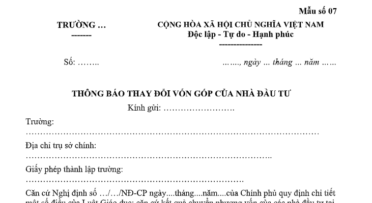 Thông báo thay đổi vốn góp của Nhà đầu tư