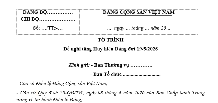Mẫu Tờ trình đề nghị tặng Huy hiệu Đảng đợt 19/5 năm 2026? Tải về tờ trình tặng Huy hiệu Đảng mới nhất?