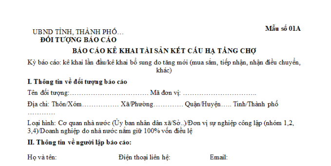 Mẫu báo cáo kê khai tài sản kết cấu hạ tầng chợ mới nhất? Thời hạn nộp báo cáo kê khai tài sản kết cấu hạ tầng chợ là khi nào?