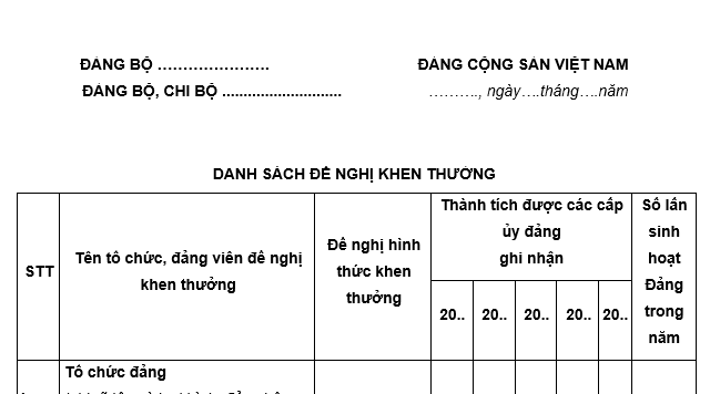 Mẫu Danh sách đề nghị khen thưởng Đảng viên, tổ chức Đảng mới nhất là mẫu nào? Tải mẫu về ở đâu?