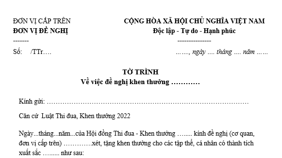 Mẫu Tờ trình đề nghị khen thưởng cá nhân mới nhất? 