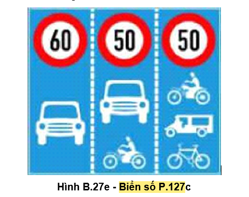 Biển số P.127c "Biển ghép tốc độ tối đa cho phép theo phương tiện, trên từng làn đường"