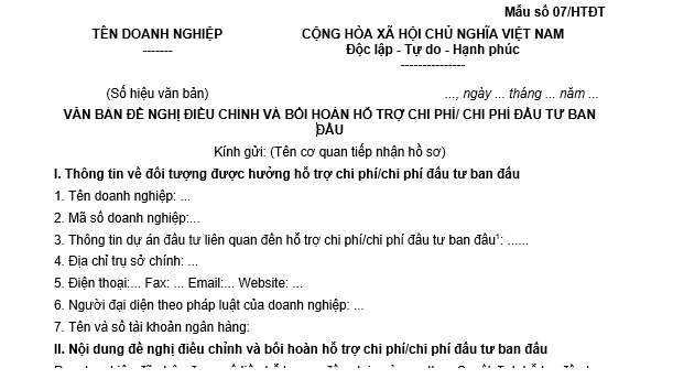 Mẫu Văn bản đề nghị điều chỉnh và bồi hoàn hỗ trợ chi phí/chi phí đầu tư ban đầu