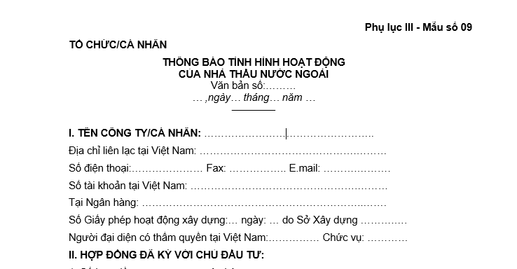 Mẫu thông báo tình hình hoạt động của nhà thầu nước ngoài mới nhất theo Nghị định 175? Tải về mẫu thông báo