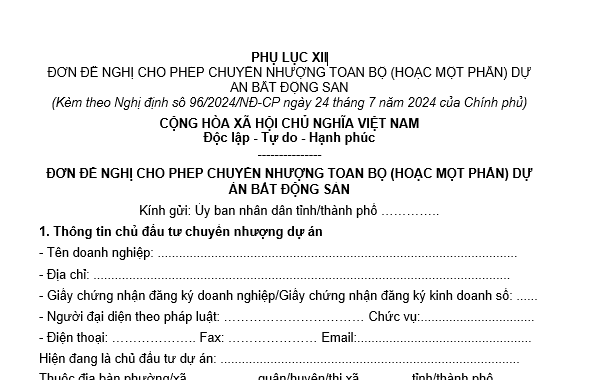 Mẫu đơn đề nghị cho phép chuyển nhượng toàn bộ hoặc một phần dự án bất động sản mới nhất là mẫu nào?