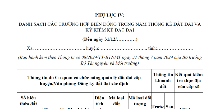 Mẫu danh sách các trường hợp biến động trong năm thống kê đất đai và kỳ kiểm kê đất đai mới nhất?