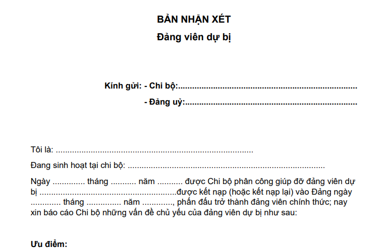 Mẫu Bản nhận xét đảng viên dự bị chuyển chính thức mới nhất là mẫu nào?