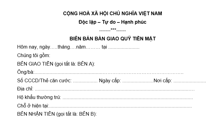 Mẫu biên bản bàn giao quỹ tiền mặt mới nhất là mẫu nào? Tải về mẫu biên bản bàn giao quỹ tiền mặt?