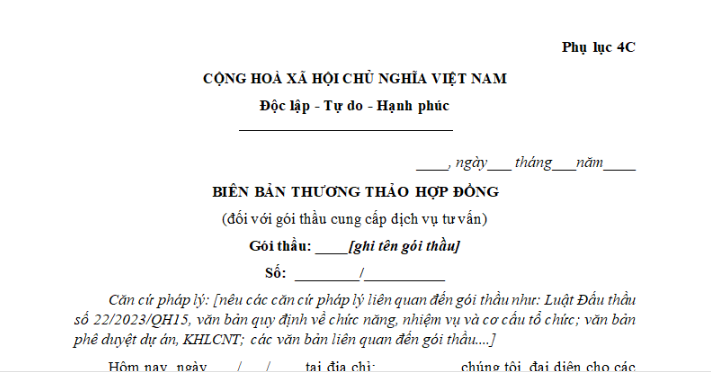 Phụ lục 4C Mẫu biên bản thương thảo hợp đồng đối với gói thầu cung cấp dịch vụ tư vấn theo Thông tư 22 mới nhất?