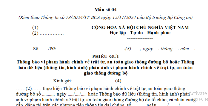 Mẫu phiếu gửi thông báo dữ liệu (thông tin, hình ảnh) phản ánh vi phạm hành chính về trật tự, an toàn giao thông đường mới nhất?