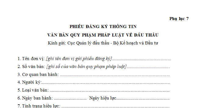 Phụ lục 7 Mẫu Phiếu đăng ký thông tin văn bản quy phạm pháp luật về đấu thầu theo Thông tư 22 mới nhất?