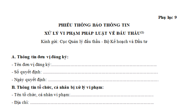 Phụ lục 9 Mẫu phiếu thông báo thông tin xử lý vi phạm pháp luật về đấu thầu theo Thông tư 22 mới nhất?