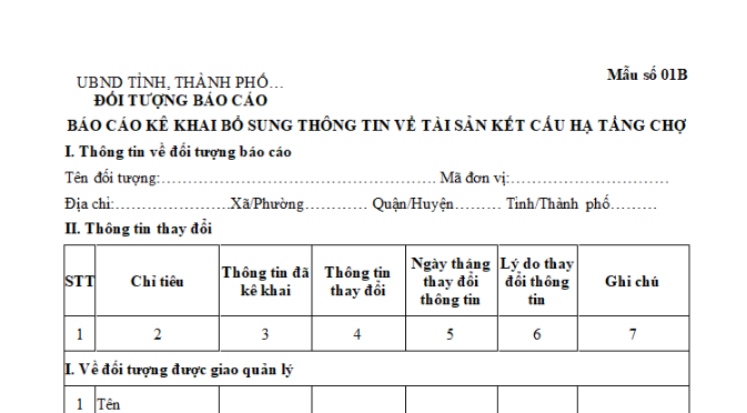 Mẫu báo cáo kê khai bổ sung thông tin về tài sản kết cấu hạ tầng chợ mới nhất là mẫu nào? Tải về ở đâu?