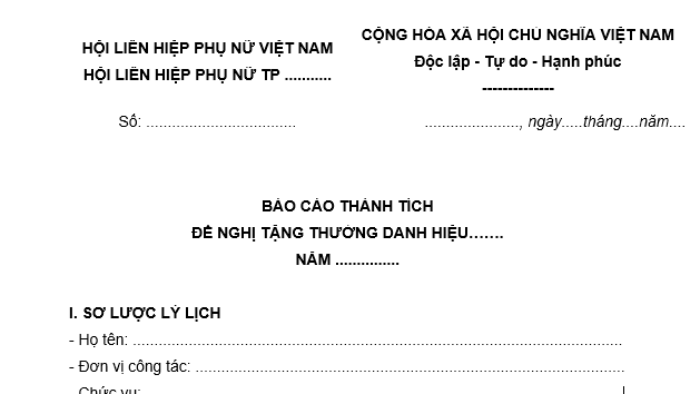 Mẫu báo cáo thành tích cá nhân hội liên hiệp phụ nữ mới nhất?