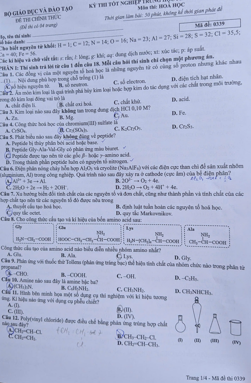Đáp án môn HÓA HỌC thi tốt nghiệp THPT 2026