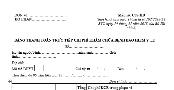 Mẫu bảng thanh toán trực tiếp chi phí khấm chữa bệnh bảo hiểm y tế là mẫu nào? Tải mẫu về ở đâu?