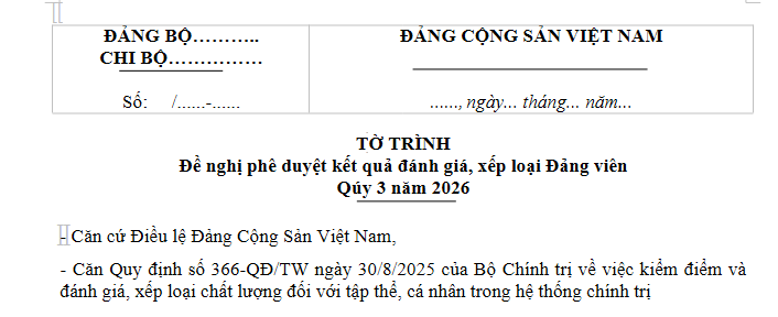 Mẫu Tờ trình phê duyệt kết quả đánh giá đảng viên Quý 3 năm 2026 là mẫu nào? Tải về ở đâu?