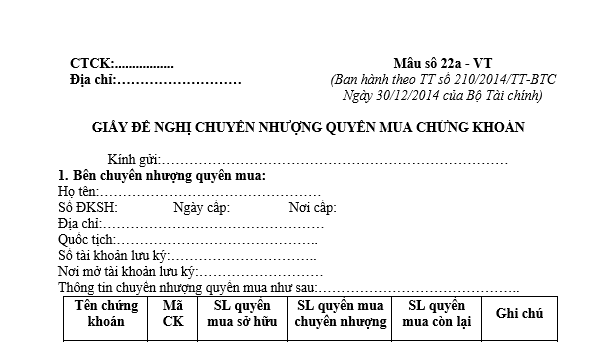 Mẫu Giấy đề nghị chuyển nhượng quyền mua chứng khoán đối với Công ty chứng khoán là mẫu nào? Tải về ở đâu?