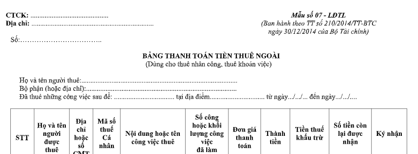 Mẫu bảng thanh toán tiền thuê ngoài áp dụng đối với công ty chứng khoán là mẫu nào? Tải về ở đâu?