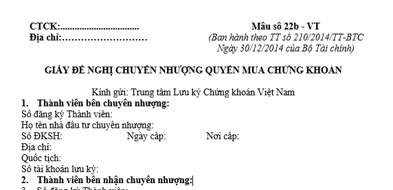 Mẫu Giấy đề nghị chuyển nhượng quyền mua chứng khoán (theo yêu cầu người sở hữu chứng khoán)