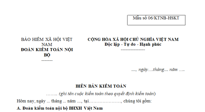 Mẫu biên bản kiểm toán nội bộ của Bảo hiểm xã hội Việt Nam mới nhất?