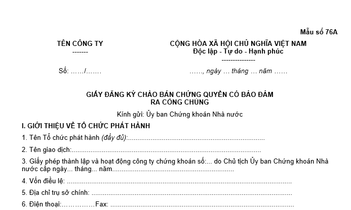 Mẫu giấy đăng ký chào bán chứng quyền có bảo đảm