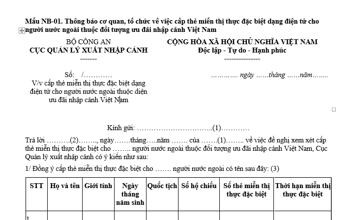 Mẫu thông báo cơ quan, tổ chức về việc cấp thẻ miễn thị thực đặc biệt dạng điện tử cho người nước ngoài thuộc đối tượng ưu đãi nhập cảnh Việt Nam?
