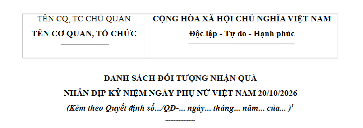 Mẫu Danh sách nhận quà ngày Phụ nữ Việt Nam 20/10/2026 là mẫu nào? Tải về danh sách nhận quà 20 tháng 10?