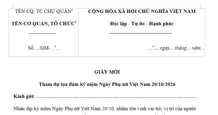 Mẫu Giấy mời tọa đàm 20/10/2026 ngày Phụ nữ Việt Nam là mẫu nào? Tải về giấy mời 20 tháng 10 ở đâu?
