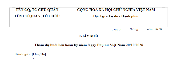 Mẫu Giấy mời liên hoan 20/10/2026 ngày Phụ nữ Việt Nam là mẫu nào? Tải về giấy mời liên hoan 20 tháng 10?