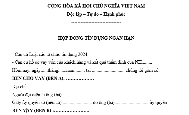 Mẫu hợp đồng tín dụng ngắn hạn mới nhất là mẫu nào? Tải về ở đâu? Hợp đồng tín dụng ngắn hạn là gì?