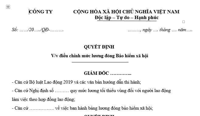 Mẫu quyết định tăng lương đóng BHXH