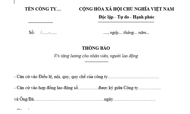 Mẫu Thông báo tăng lương cơ bản từ năm 2026 do tăng lương tối thiểu vùng?
