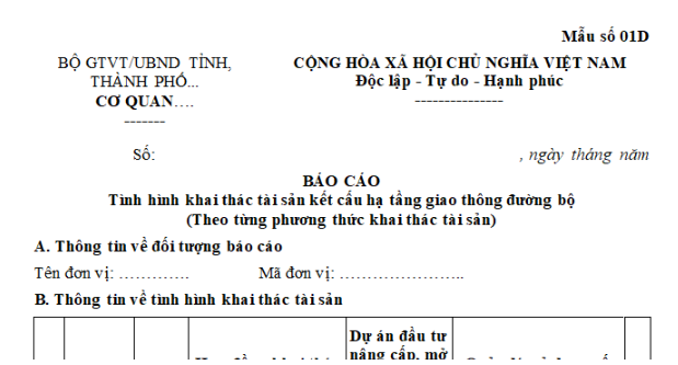 Mẫu báo cáo tình hình khai thác tài sản kết cấu hạ tầng giao thông đường bộ mới nhất? Tải về?