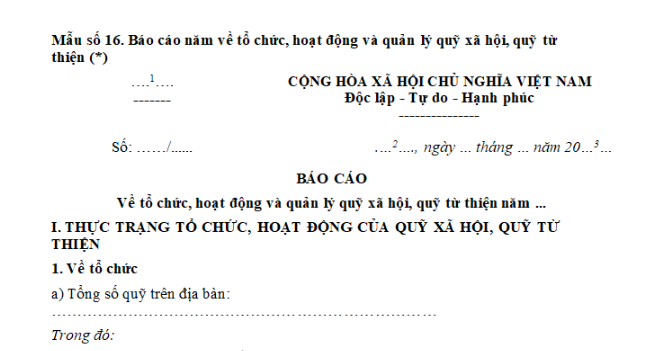 Mẫu số 16 Báo cáo năm về tổ chức, hoạt động và quản lý quỹ xã hội, quỹ từ thiện mới nhất theo Nghị định 136?