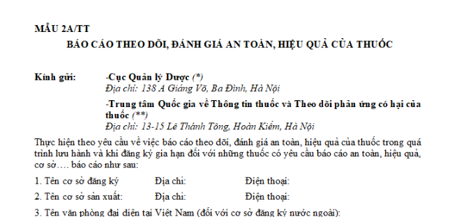 Mẫu báo cáo đánh giá an toàn, hiệu quả của thuốc?