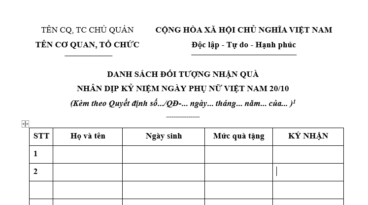 Mẫu danh sách nhận quà 20/10 mới nhất? Tải về danh sách nhận quà ngày Phụ nữ Việt Nam?