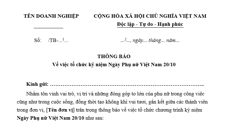 Mẫu thông báo tổ chức ngày 20/10? Tải về thông báo tổ chức ngày Phụ nữ Việt Nam?