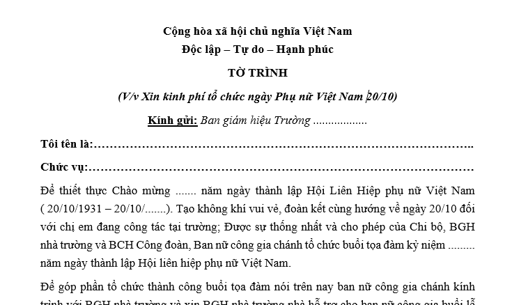 Mẫu Tờ trình xin kinh phí tổ chức ngày Phụ nữ Việt Nam 20/10 trong trường học