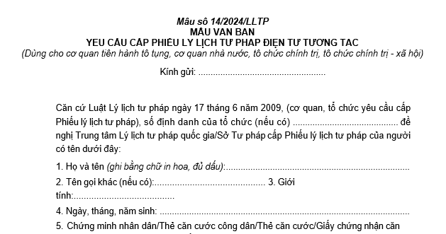 Mẫu văn bản yêu cầu cấp Phiếu lý lịch tư pháp điện tử tương tác mới nhất là mẫu nào? Tải về ở đâu?