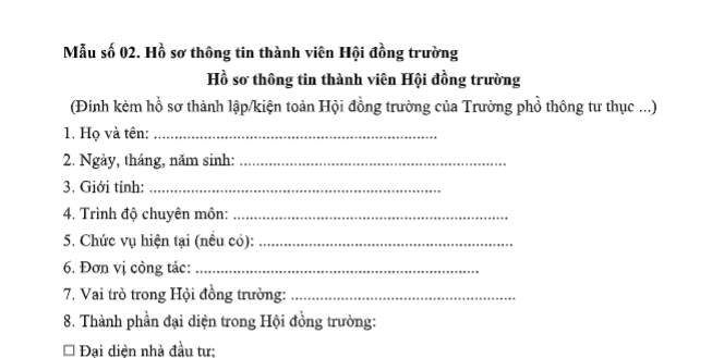 Mẫu Hồ sơ thông tin thành viên Hội đồng trường của trường phổ thông tư thục theo Thông tư 48?