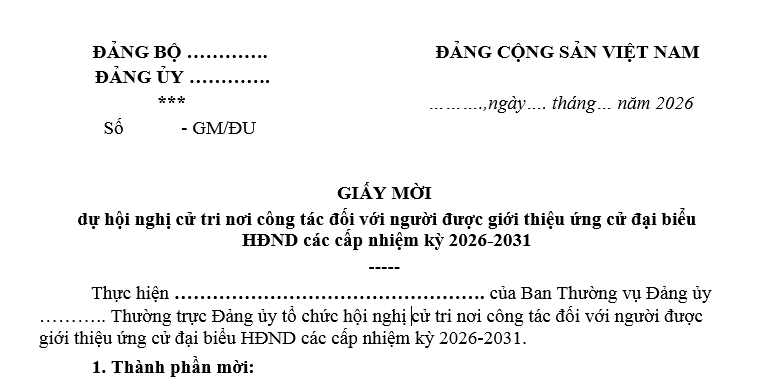Mẫu giấy mời Hội nghị cử tri đối với người ứng cử đại biểu HĐND nhiệm kỳ 2026-2031? Tải về ở đâu?