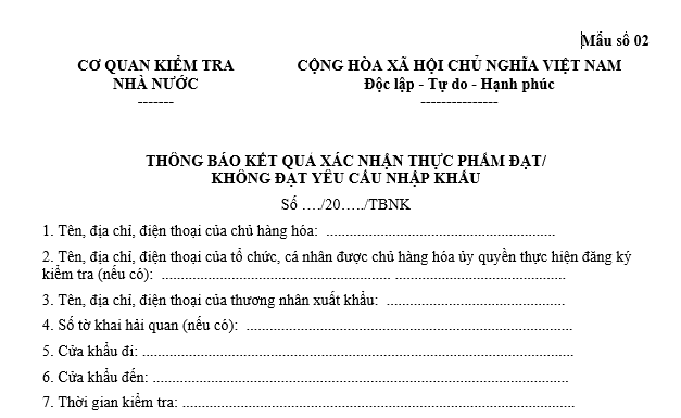Thông báo kết quả xác nhận thực phẩm đạt/không đạt yêu cầu nhập khẩu