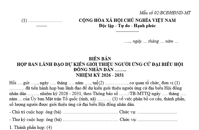 Mẫu số 02/BCĐHĐND-MT Biên bản họp ban lãnh đạo dự kiến giới thiệu người ứng cử đại biểu hội đồng nhân dân
