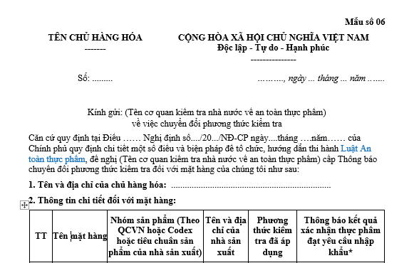 Mẫu Văn bản đề nghị chuyển đổi phương thức kiểm tra đối với thực phẩm