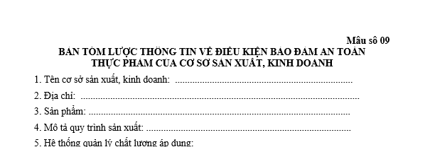 Mẫu Bản tóm lược thông tin về điều kiện bảo đảm an toàn thực phẩm của cơ sở sản xuất, kinh doanh
