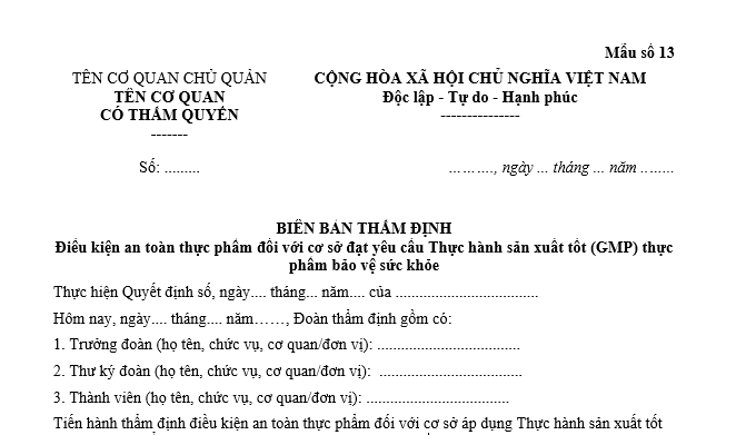 Mẫu Biên bản thẩm định thực phẩm theo Nghị định 46?